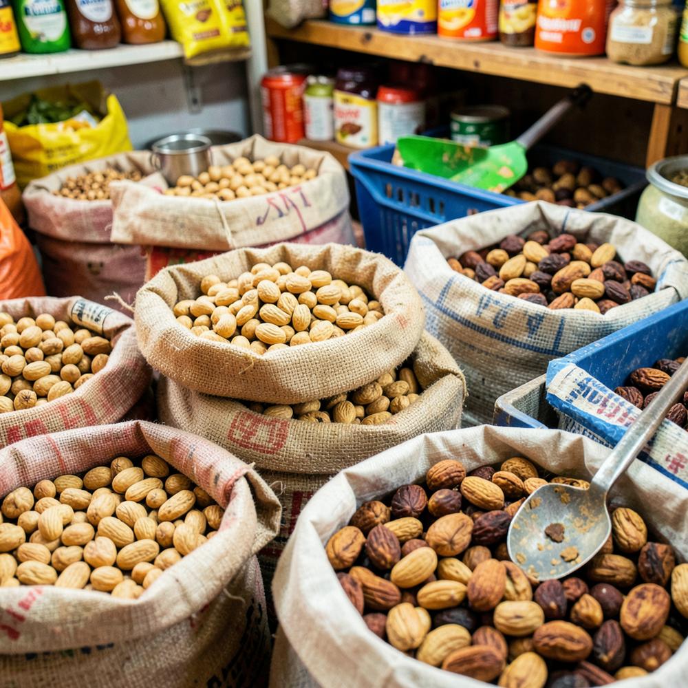 Öppna säckar med nötter och torkad frukt med en skopa