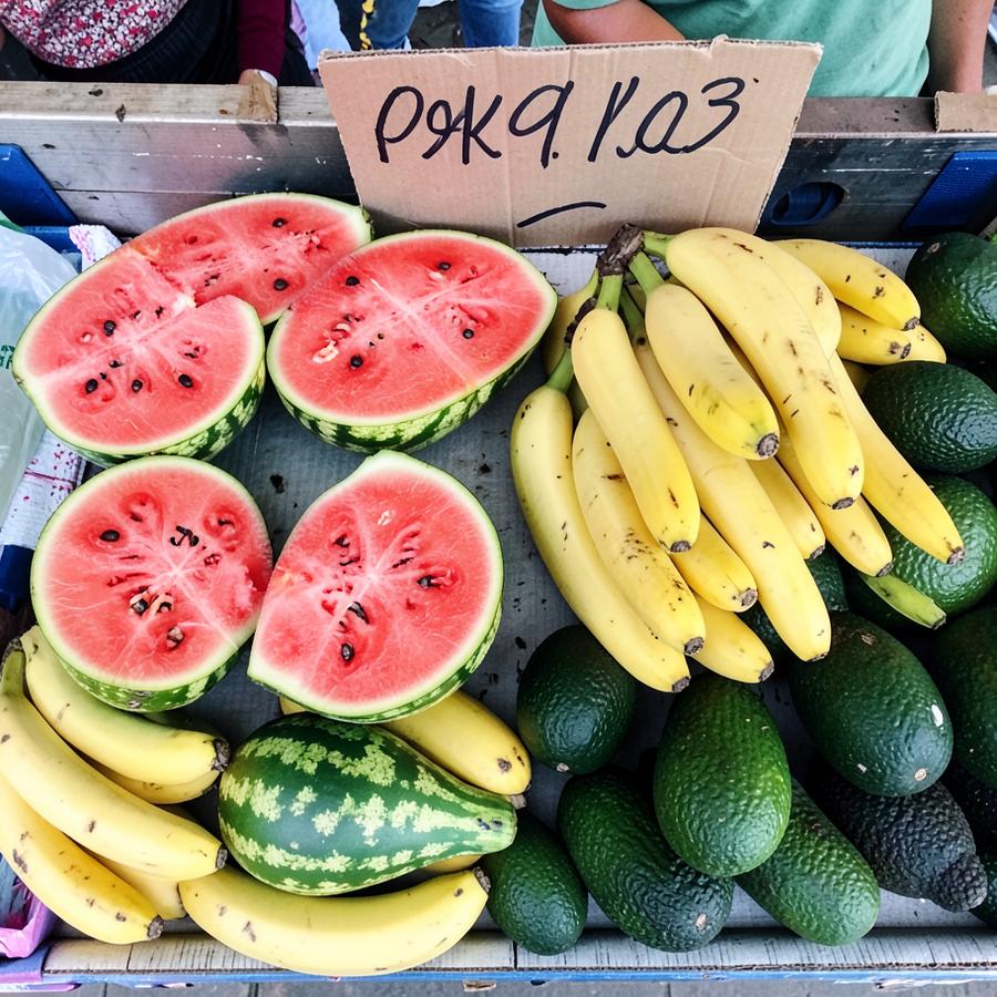 Uppskuren vattenmelon, bananer och avokado på ståndet utanför butiken