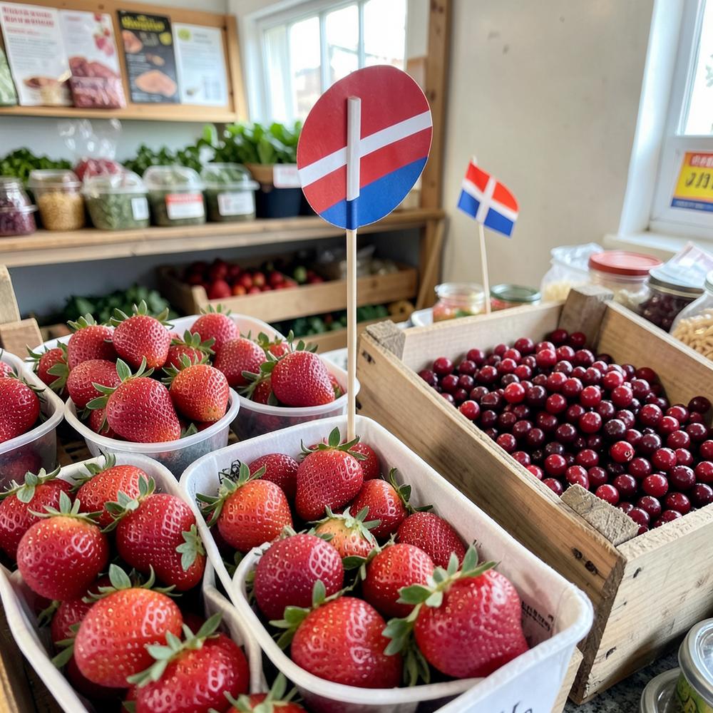 Askar med svenska jordgubbar och en låda lingon